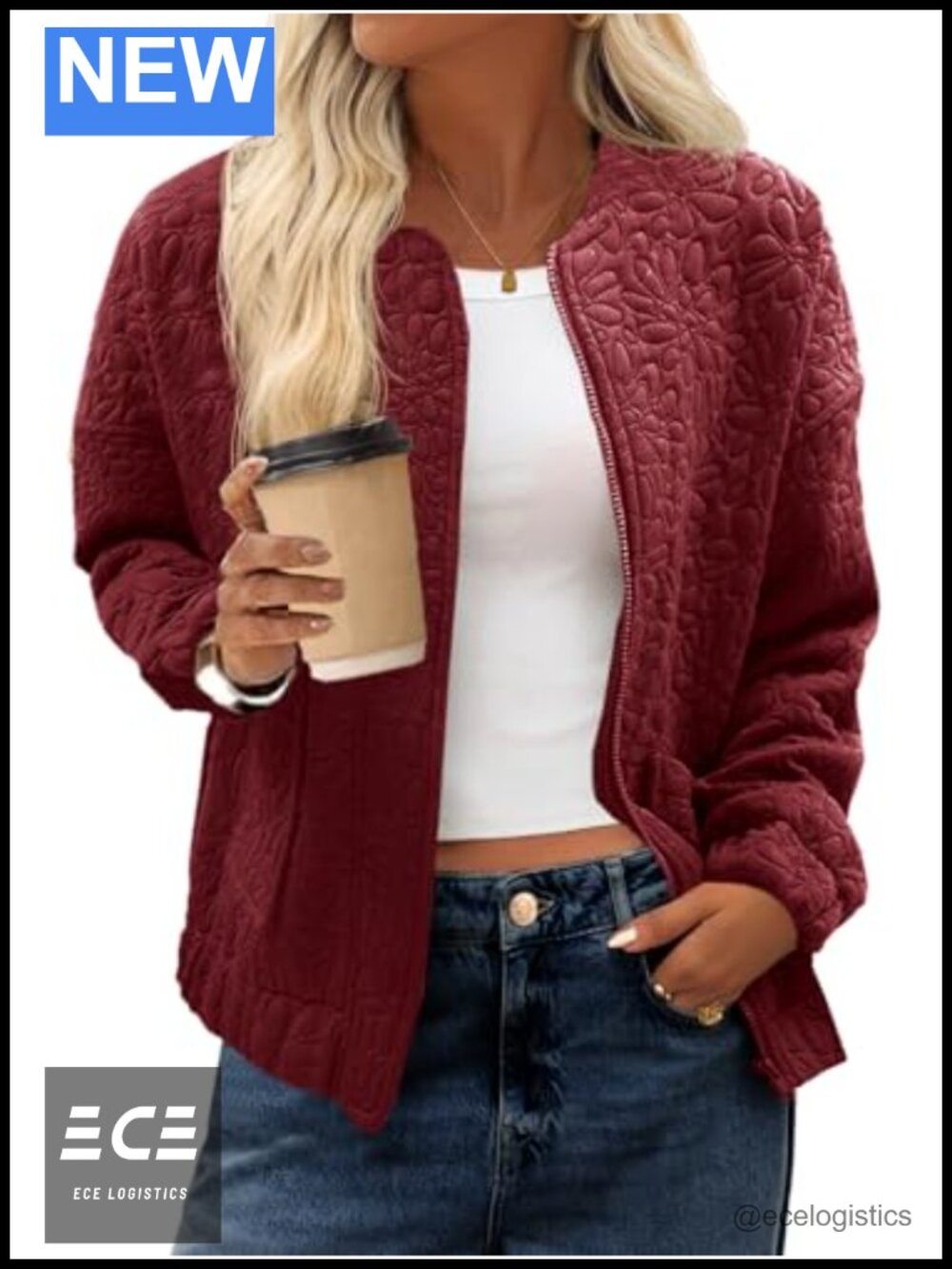 Womens Bomber Jacket Zip Up Jacquard Lightweight Casual Coat